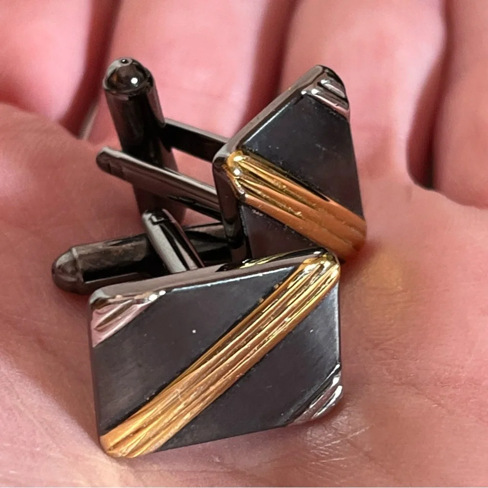 Vintage 1960 70 MCM Mod Art Deco Silver Black gold Mobking oversized Cufflinks